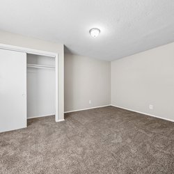 carpeted bedroom with closet at the Oakley apartment homes in Tuscaloosa, AL